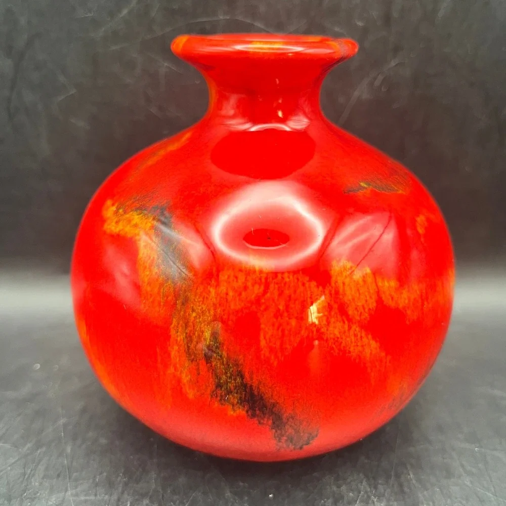 Vtg Art Pottery Red Glossy Ceramic‎ Bud Vase MCM Style Abstract Flame 4